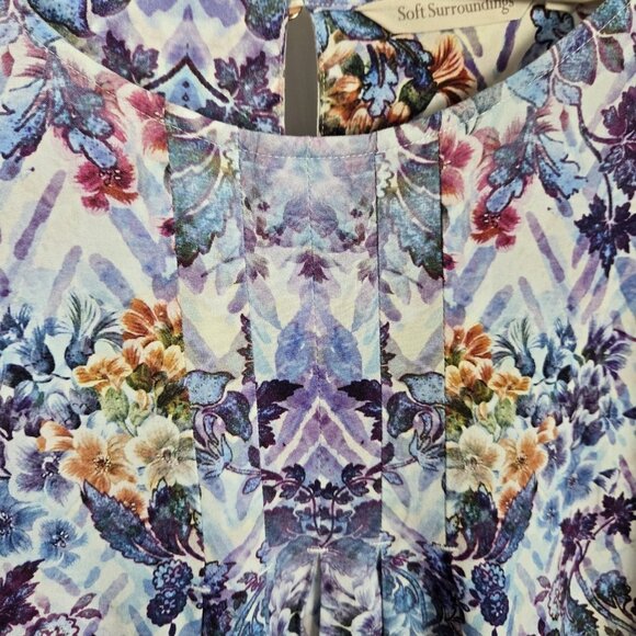 Soft Surroundings Coloures Pleated Blouse Womens Large Purple Floral Top Peasant - Picture 9 of 14